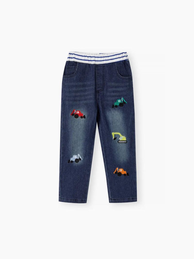 Bottoms | Toddler Boys Playful Vehicle Embroidered Elasticized Denim Jeans Denimblue