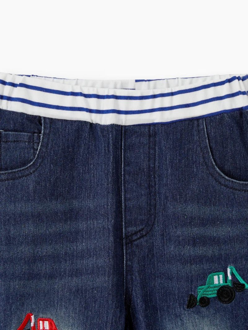 Bottoms | Toddler Boys Playful Vehicle Embroidered Elasticized Denim Jeans Denimblue