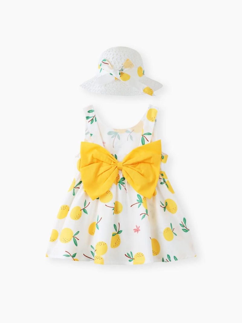 Dresses | Baby Girls 100% Cotton 2pcs All Over Red Strawberry Print Sleeveless Bowknot Dress with Hat Set Yellow|Red