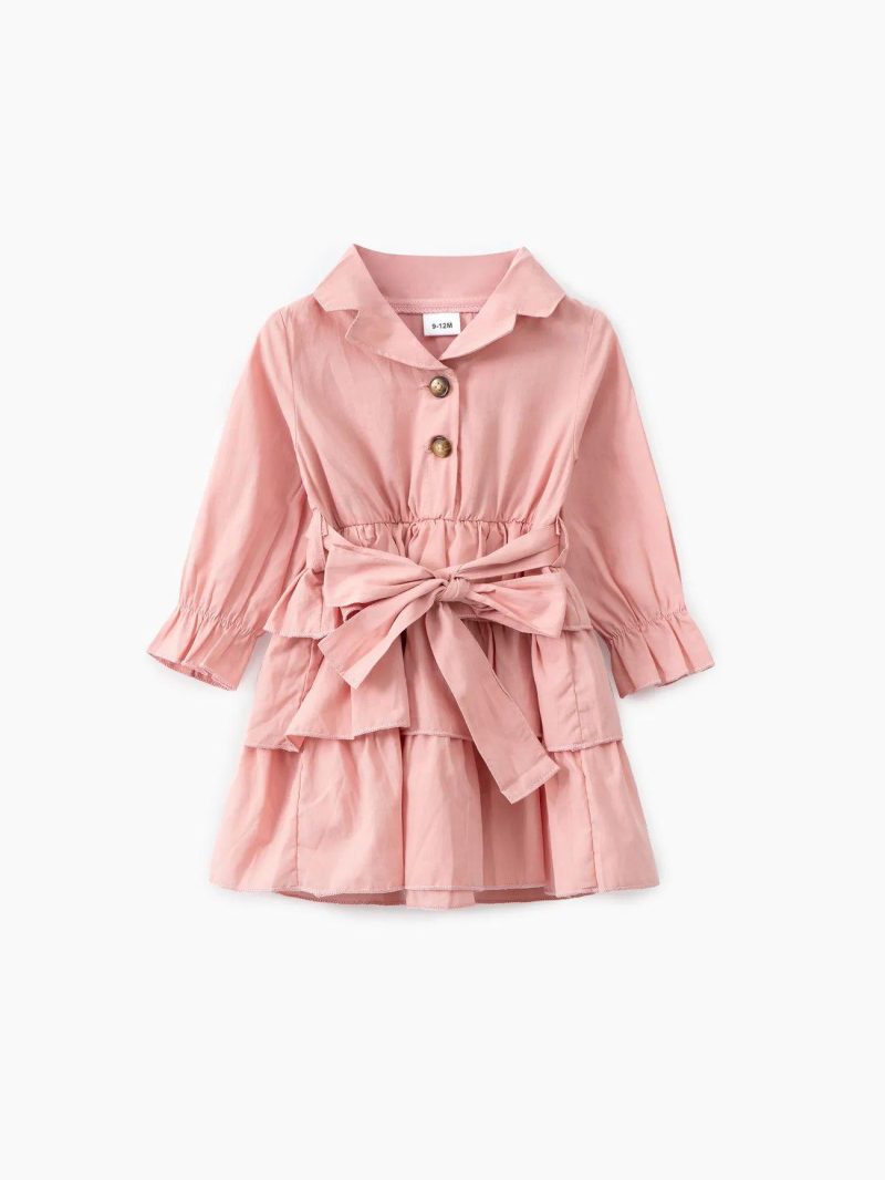 Dresses | Baby Girls 100% Cotton Green Lapel Single Breasted Long-sleeve Layered Ruffle Dress Pink|Green