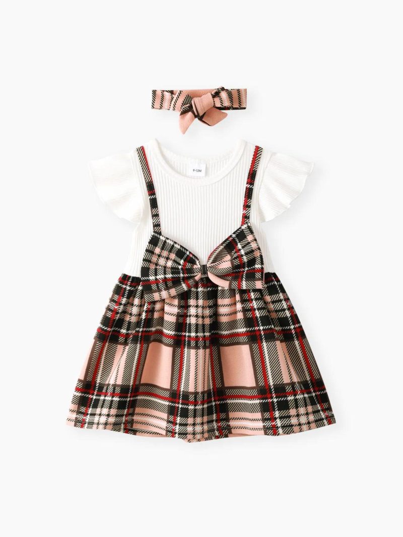 Dresses | Baby Girls 2pcs 95% Cotton Ribbed Flutter-sleeve Splicing Plaid Bowknot Dress with Headband Set White