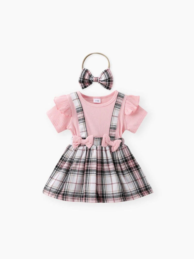 Dresses | Baby Girls 2pcs 95% Cotton Ribbed Ruffle Trim Bow Decor Short-sleeve Spliced Plaid Dress & Headband Set Pink