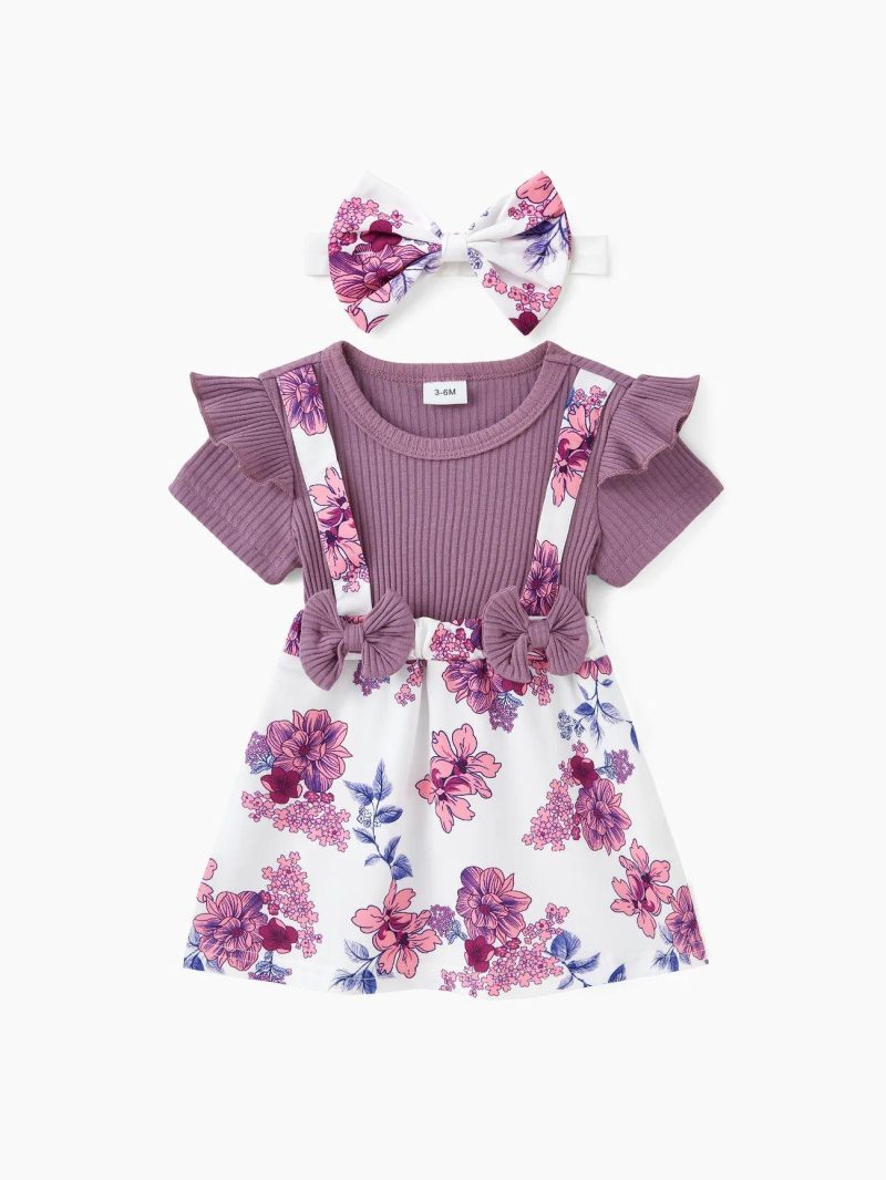 Dresses | Baby Girls 2pcs 95% Cotton Ruffled Bow Front Faux-two Short-sleeve Floral Print Dress & Headband Set Purple