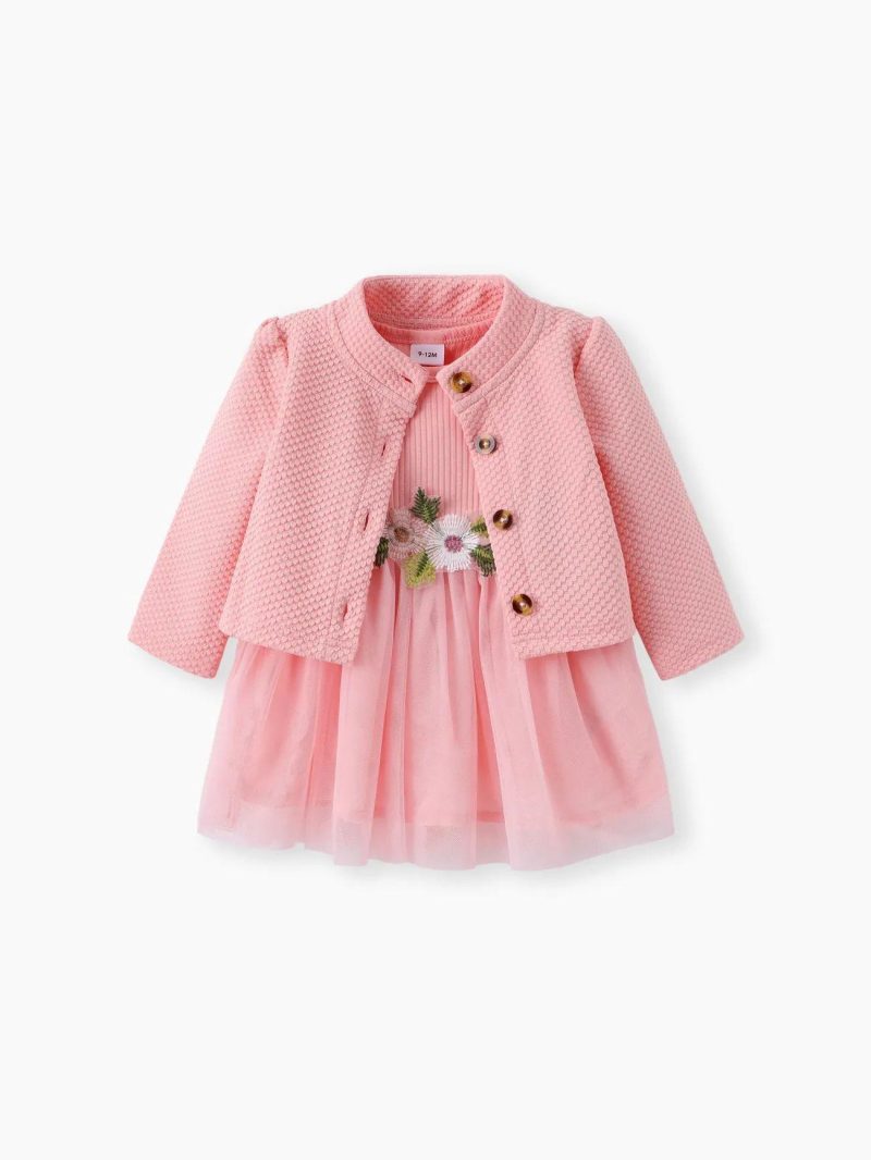 Dresses | Baby Girls 2pcs Buttons Front Long-sleeve Textured Jacket and Floral Decor Mesh Panel Tank Dress Set Pink