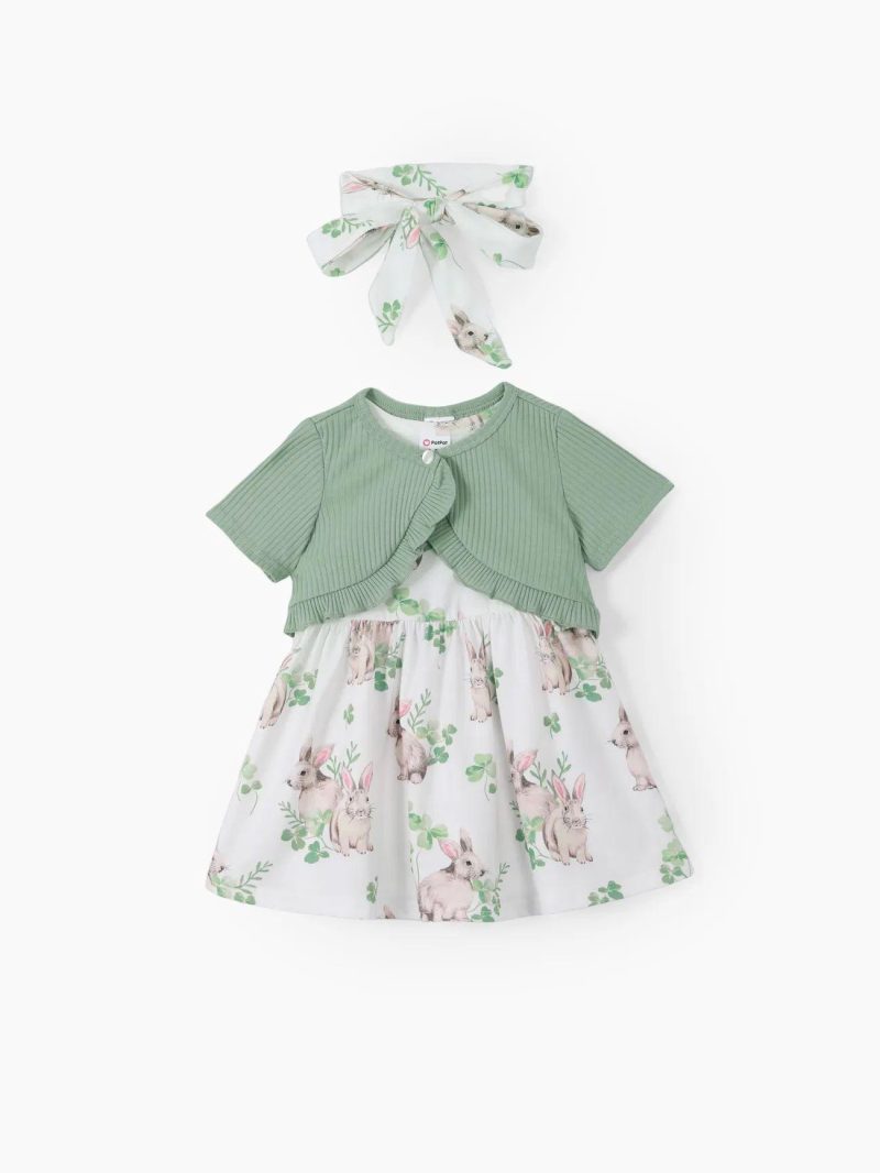 Dresses | Baby Girls 2pcs Cardigan and Floral Print Dress with Headband Set Graygreen