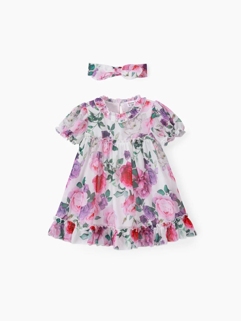 Dresses | Baby Girls 2pcs Floral Print Mesh Dress with Headband Purple