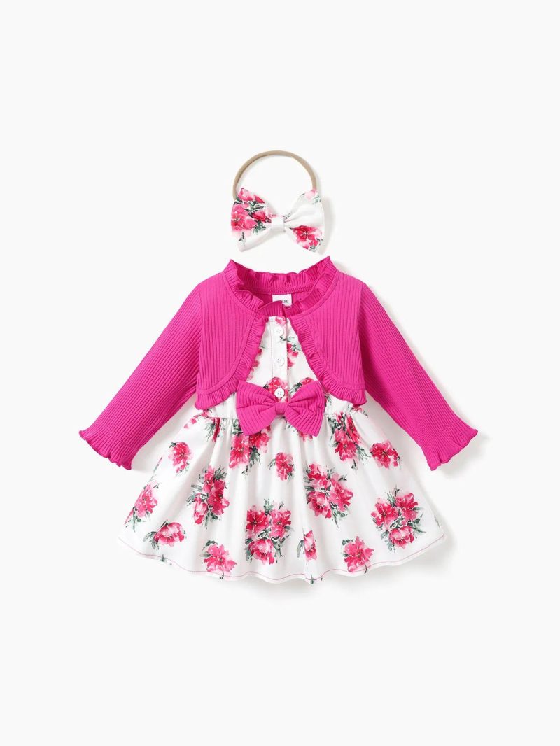 Dresses | Baby Girls 2pcs Frill Ribbed Splicing Floral Print Faux-two Long-sleeve Dress with Headband Set Light Pink