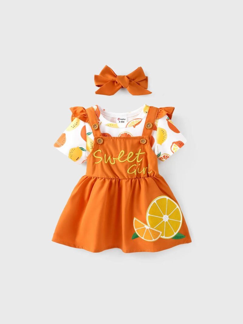 Dresses | Baby Girls 2pcs Fruit Embroidered Flutter Sleeve Dress and Headband Set Red|Orange