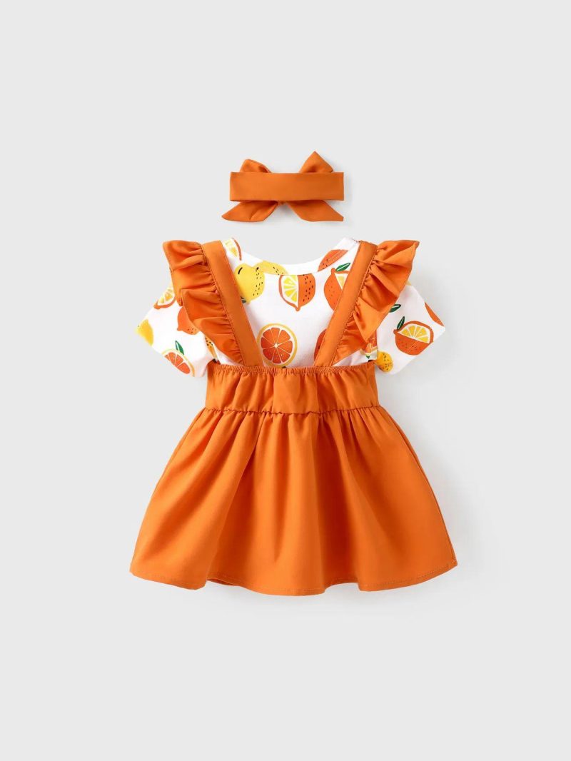 Dresses | Baby Girls 2pcs Fruit Embroidered Flutter Sleeve Dress and Headband Set Red|Orange