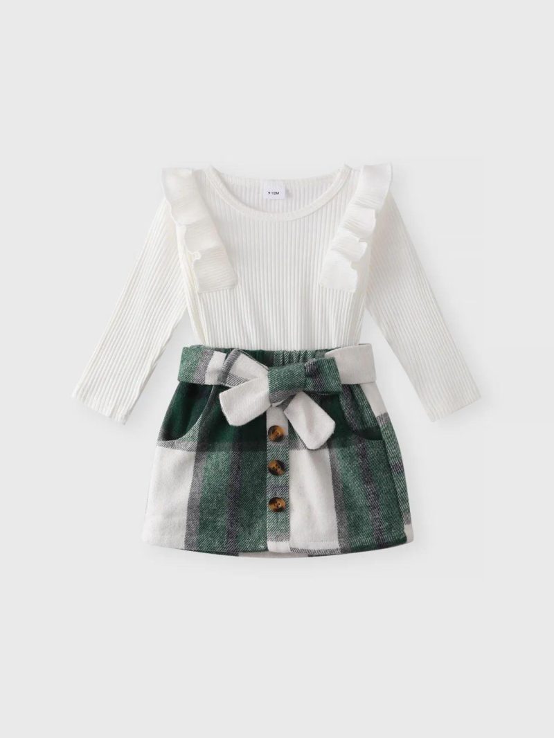 Dresses | Baby Girls 2pcs Solid Rib Knit Ruffle Trim Long-sleeve Romper and Button Front Plaid Belted Skirt Set Green|Khaki