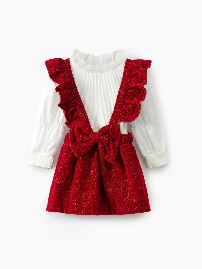 Dresses | Baby Girls 2PCS  Sweet Solid Color Ruffle Edge Long Sleeve Dress Set Red