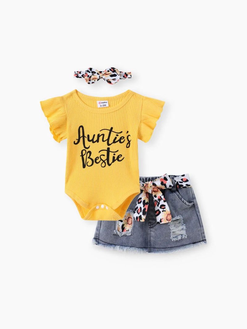 Dresses | Baby Girls 3pcs 100% Cotton Belted Ripped Denim Skirt and Letter Print Ribbed Flutter-sleeve Romper & Headband Set Yellow|Light Bean Green