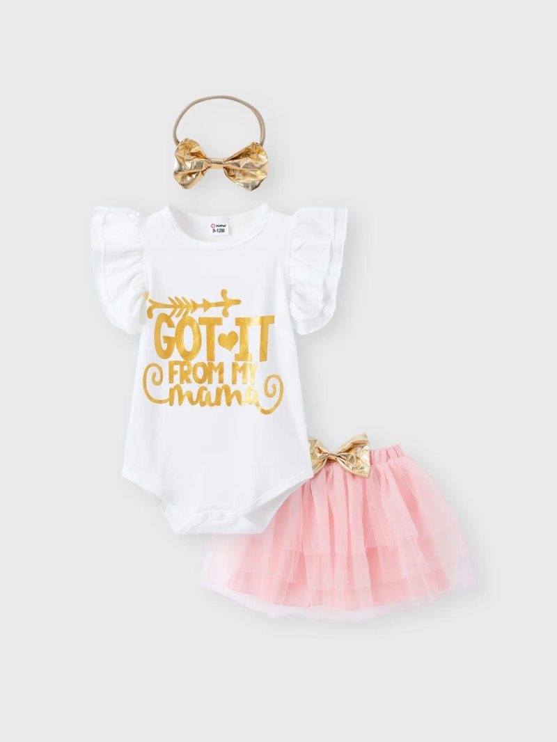 Dresses | Baby Girls 3pcs 95% Cotton Letter Print Flutter-sleeve Romper and Layered Mesh Skirt & Headband Set Pink