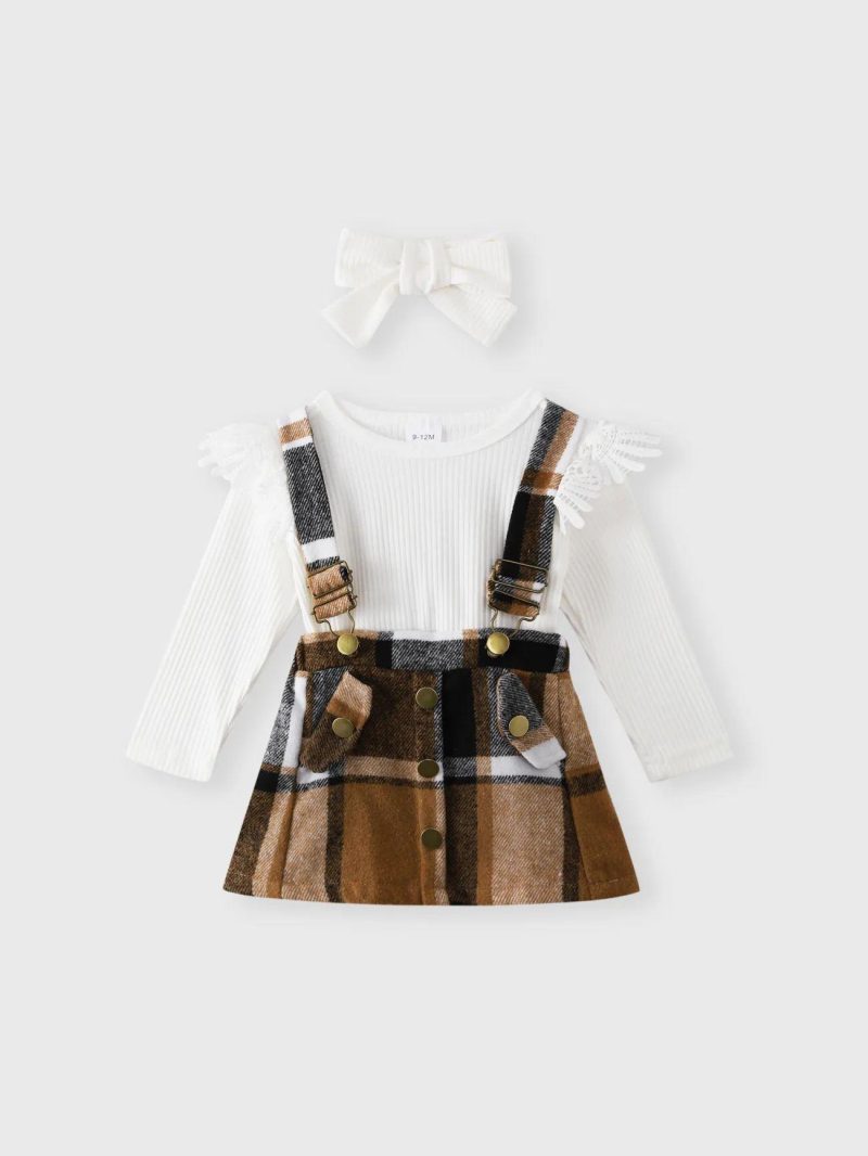 Dresses | Baby Girls 3pcs 95% Cotton Rib Knit Spliced Lace Long-sleeve Romper and Plaid Suspender Skirt with Headband Set White|Pink