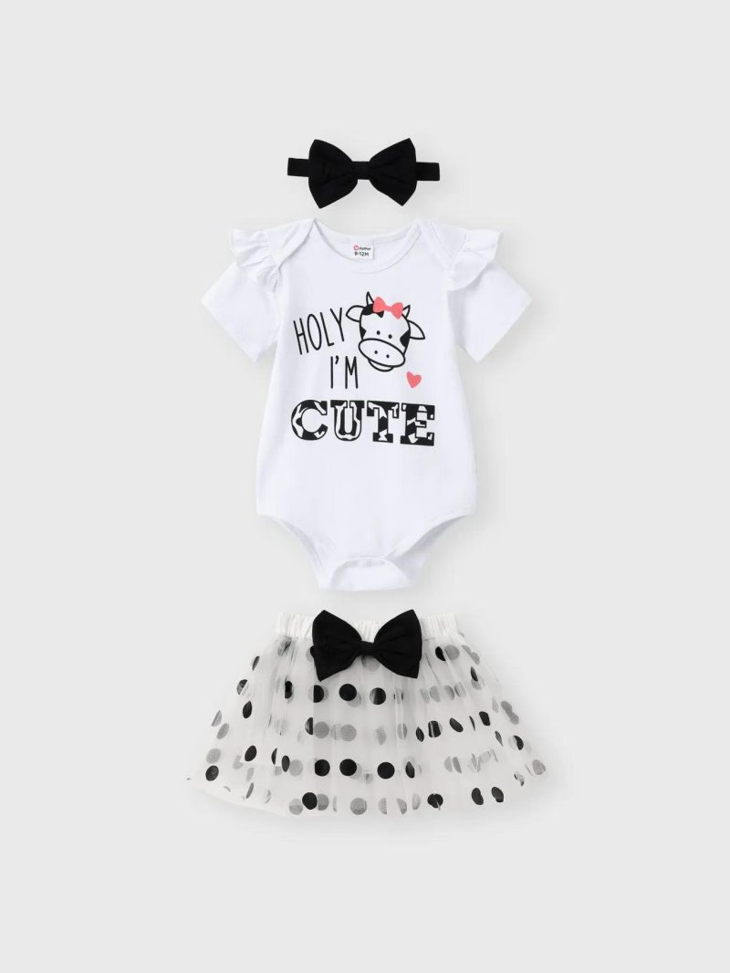 Dresses | Baby Girls 3pcs 95% Cotton Ruffle Short-sleeve Letter & Cow Print Romper and Polka Dots Mesh Skirt & Headband Set White