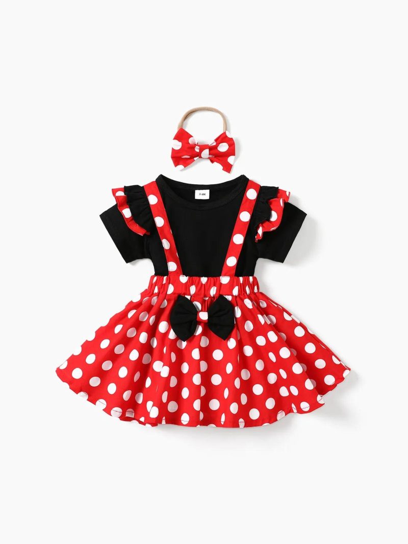 Dresses | Baby Girls 3pcs 95% Cotton Ruffle Short-sleeve Top and Polka Dots Bowknot Suspender Skirt with Headband Set Black,White,Red