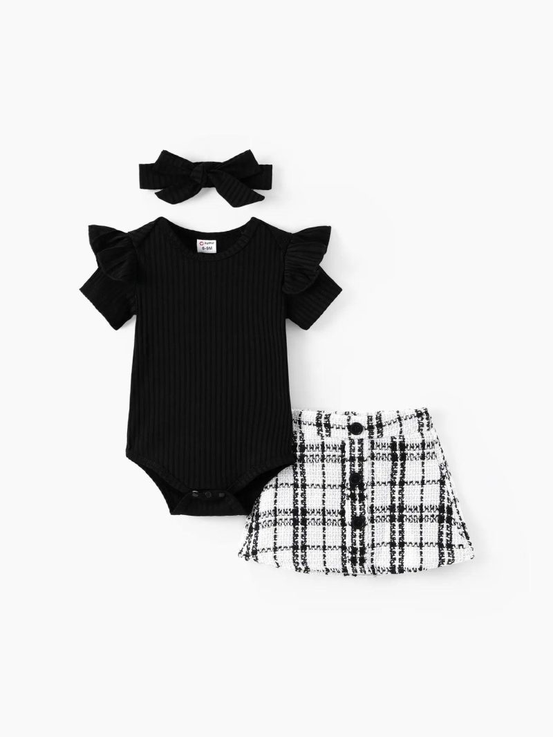 Dresses | Baby Girls 3pcs Black Ribbed Short-sleeve Romper and Tweed Skirt with Headband Set Black