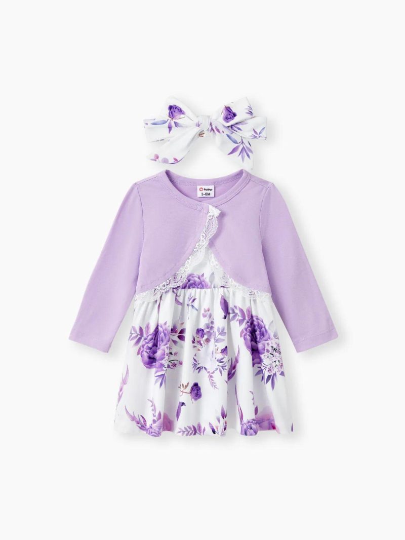 Dresses | Baby Girls 3pcs cardigan and floral pattern cami dress and headband set Purple