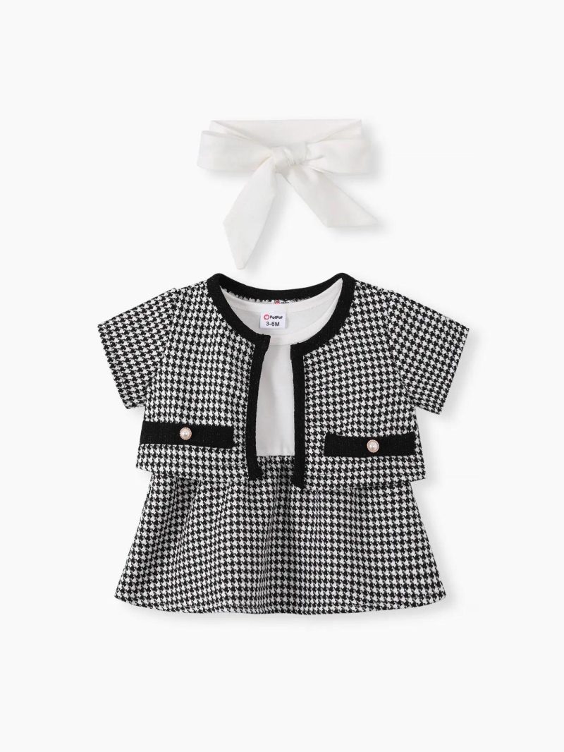 Dresses | Baby Girls 3pcs Houndstooth Print Cardigan and Dress with Headband Set Blackandwhite