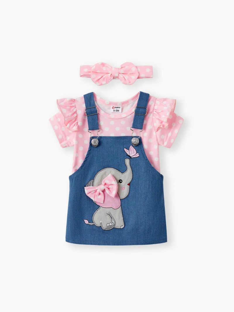 Dresses | Baby Girls 3pcs Polka Dot Pattern Romper and Denim Overall Dress with Headband Pink|Blue