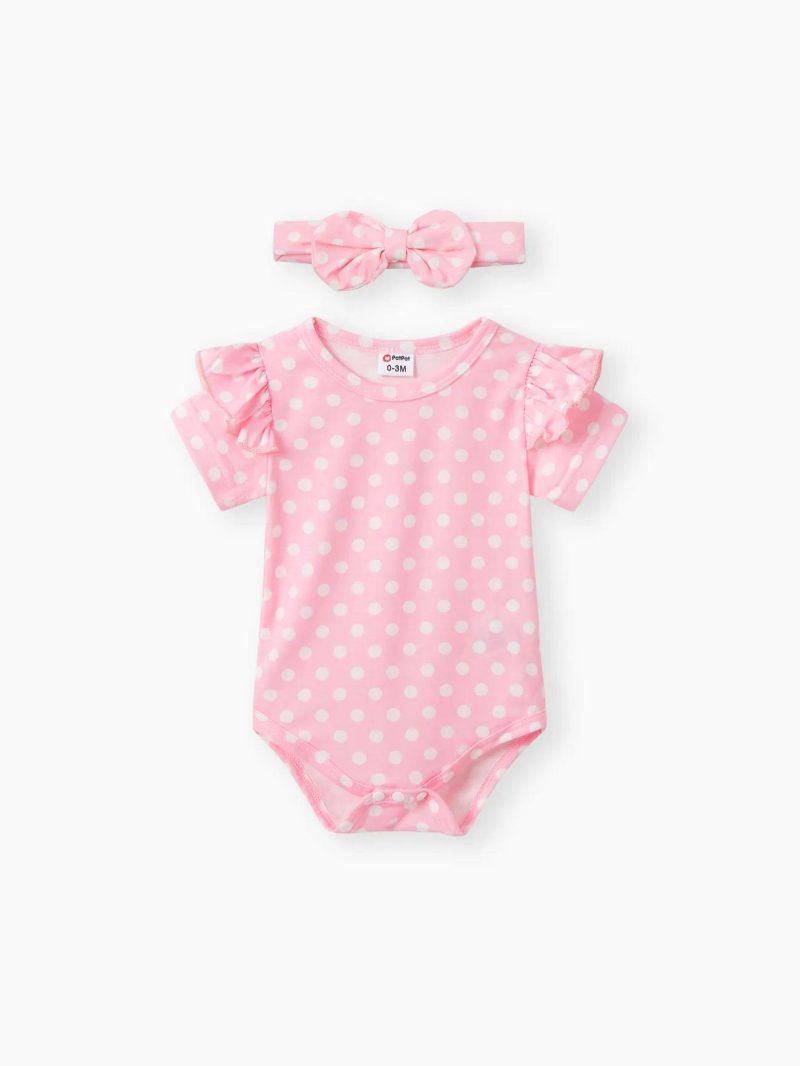 Dresses | Baby Girls 3pcs Polka Dot Pattern Romper and Denim Overall Dress with Headband Pink|Blue