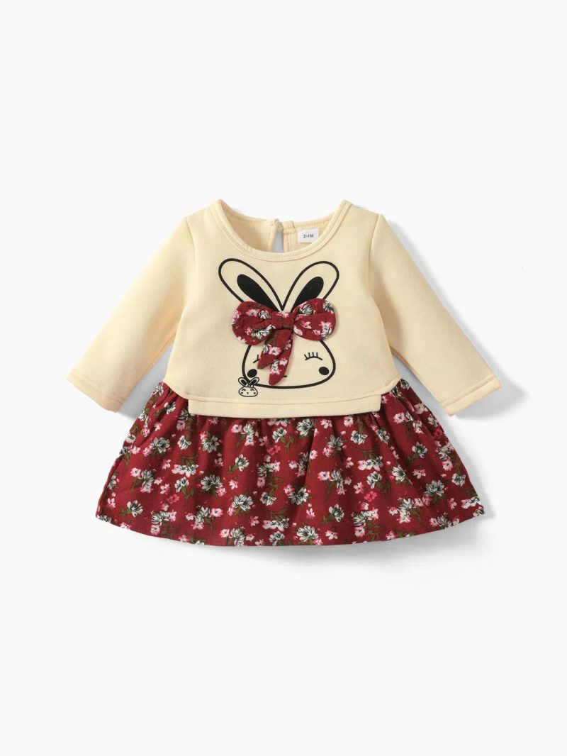 Dresses | Baby Girls 95% Cotton Long-sleeve Cartoon Rabbit and Floral Print Bowknot Faux-two Dress Red|Dark Blue