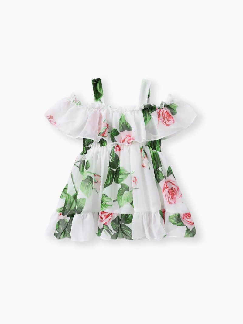 Dresses | Baby Girls Allover Floral Print Ruffled Cold Shoulder Flowy Chiffon Dress White|Pink