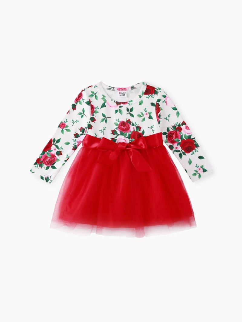 Dresses | Baby Girls Allover Rose Floral Print Long-sleeve Spliced Bow Front Mesh Dress Red-2