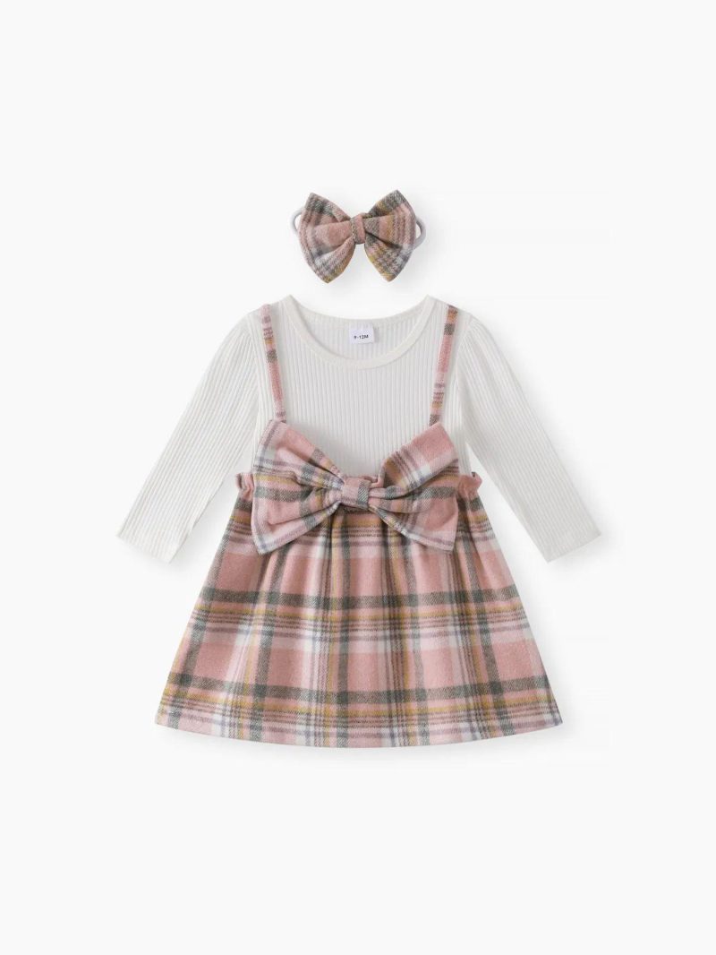 Dresses | Baby Girls Baby 2pcs White Ribbed Splicing Pink Plaid Bowknot Long-sleeve Faux-two Dress Set Light Pink|Red|Khaki