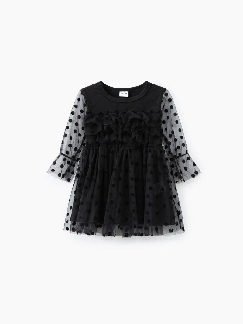 Dresses | Baby Girls Baby Black Polka Dots Layered Ruffle Mesh Long-sleeve Tutu Dress Black