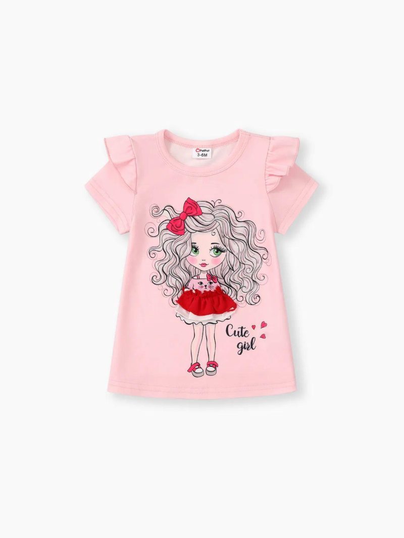 Dresses | Baby Girls Character Print Flutter-sleeve Dress Pink