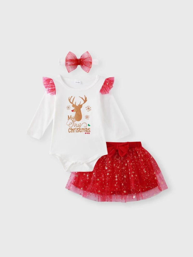 Dresses | Baby Girls Christmas 3pcs Reindeer & Letter Print Ruffle Long-sleeve Romper and Glitter Mesh Skirt with Headband Set Redwhite