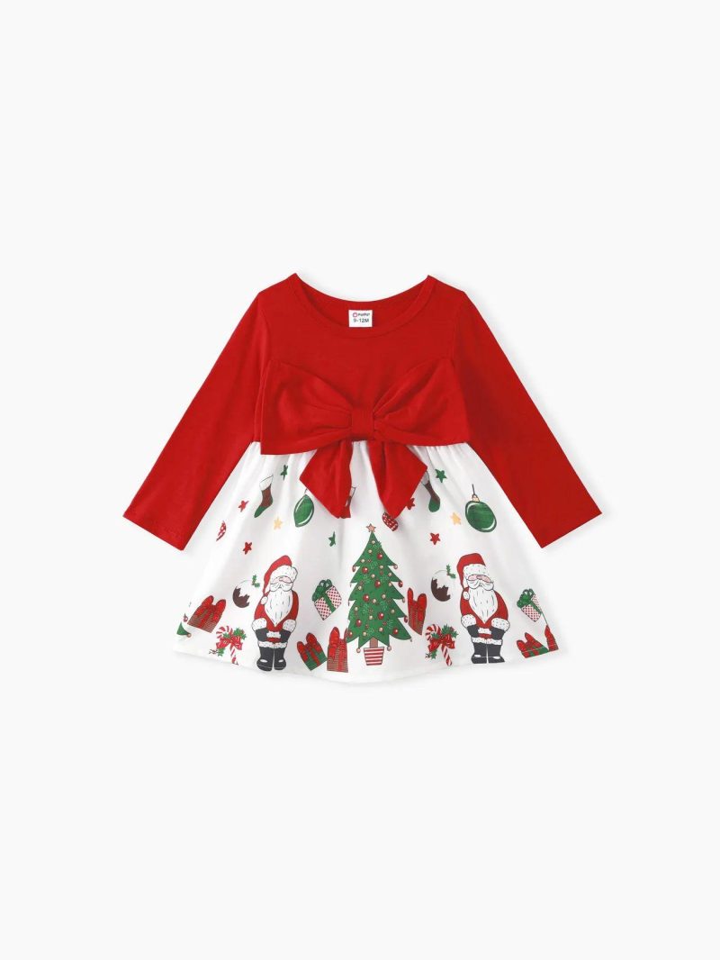 Dresses | Baby Girls Christmas Bow Front Solid Long-sleeve Spliced Print Dress Red-2