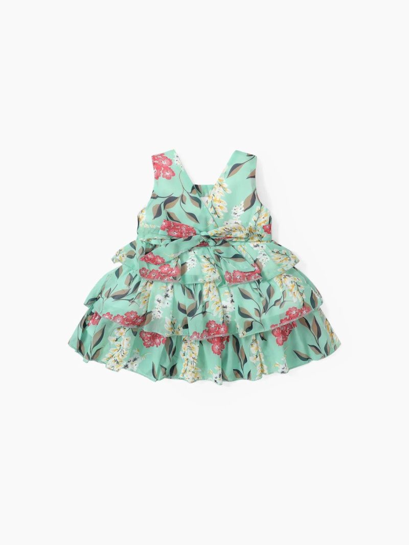 Dresses | Baby Girls Dots or Floral Print Flounce Layered Sleeveless Baby Dress Green|Red