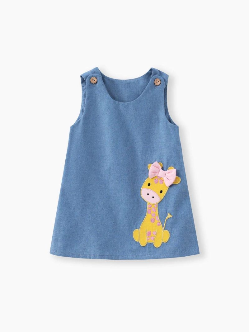 Dresses | Baby Girls Giraffe Bowknot Solid Blue Denim Tank Dress Sky Blue