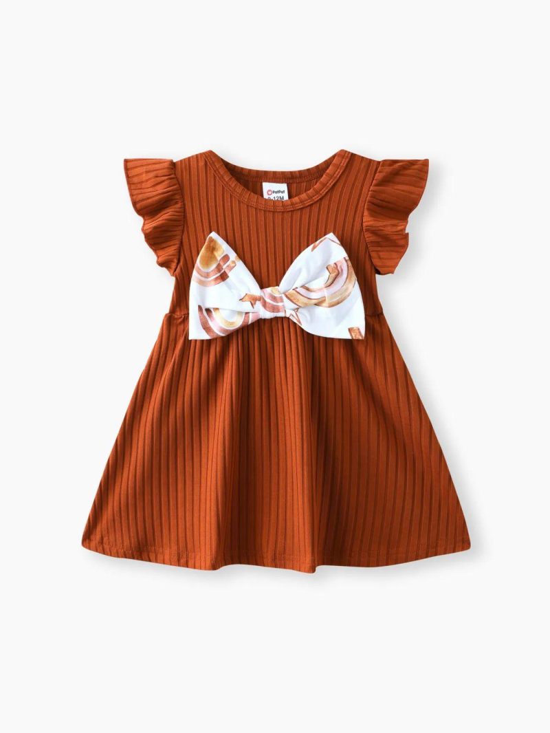 Dresses | Baby Girls Rainbow&Star Print Ruffled Flutter-Sleeve Dress Brown|Color Block|Pinkywhite