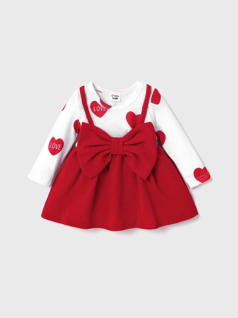 Dresses | Baby Girls Red Love Heart Print Long-sleeve Splicing Bowknot Dress Color Block