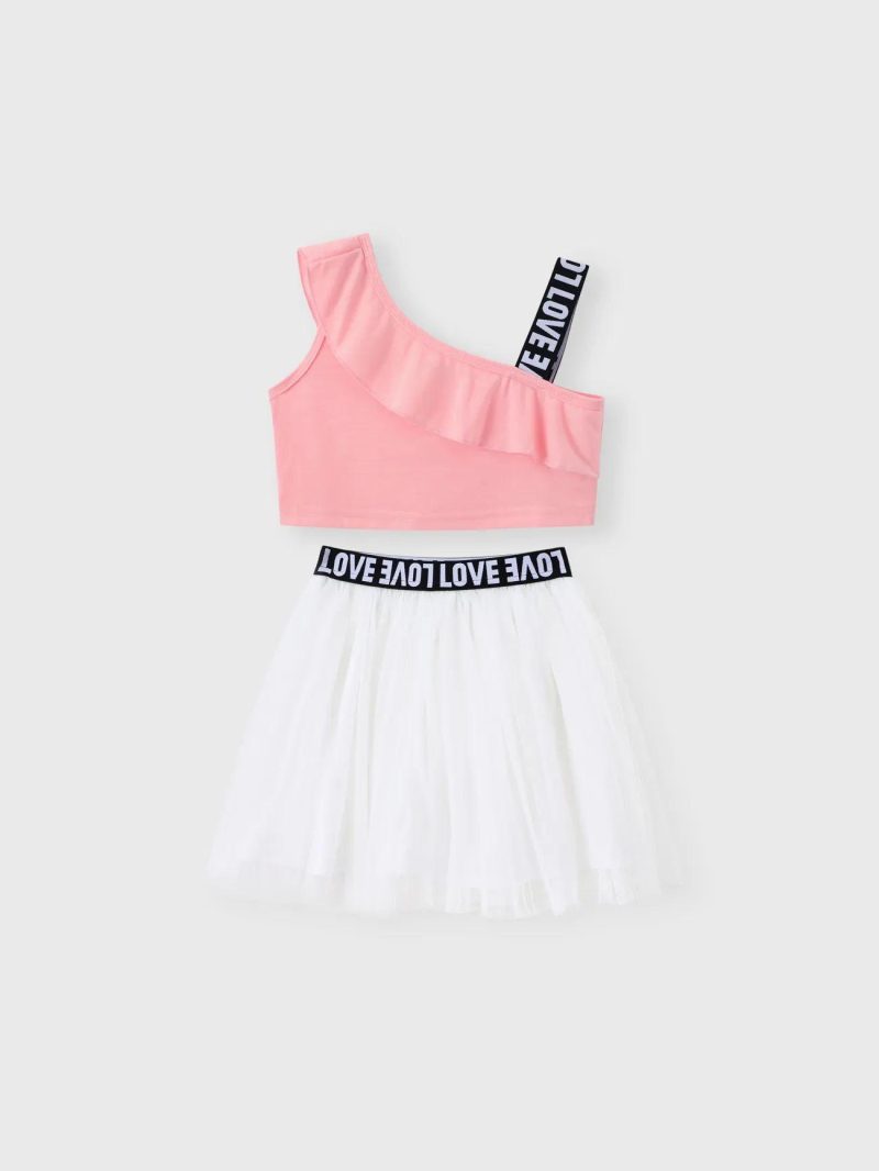 Dresses | Girls 2-piece Letter Print Sleeveless One Shoulder Camisole and Mesh Skirt Set Pink|Yellow