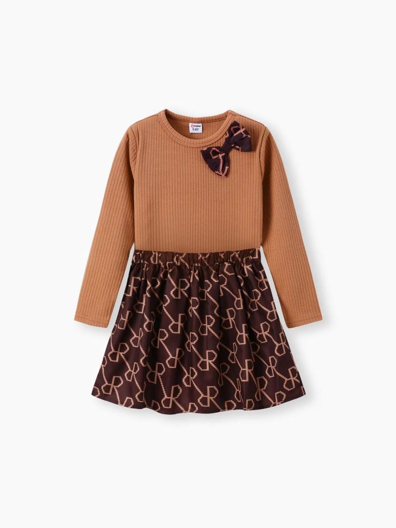 Dresses | Girls 2pcs 3D Bowknot Design Long-sleeve Tee and Allover Print Skirt Set Colorblock