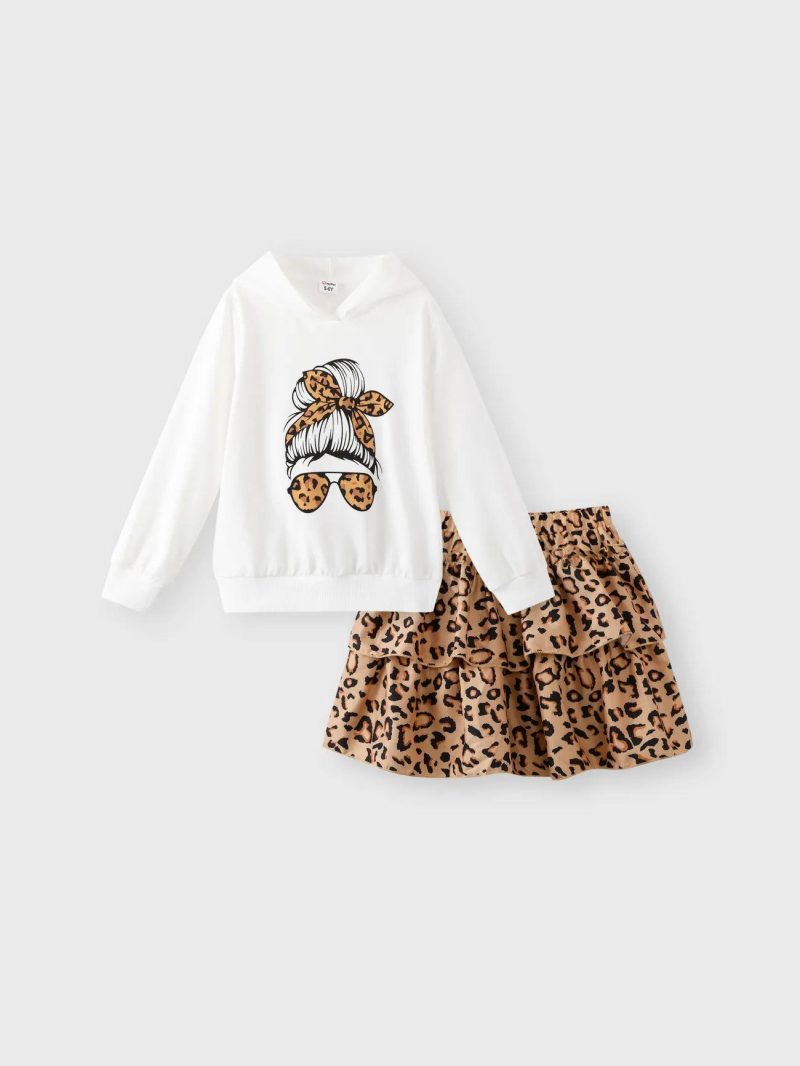 Dresses | Girls 2pcs Cartoon Print White Hoodie Sweatshirt and Leopard Print Layered Skirt Set White