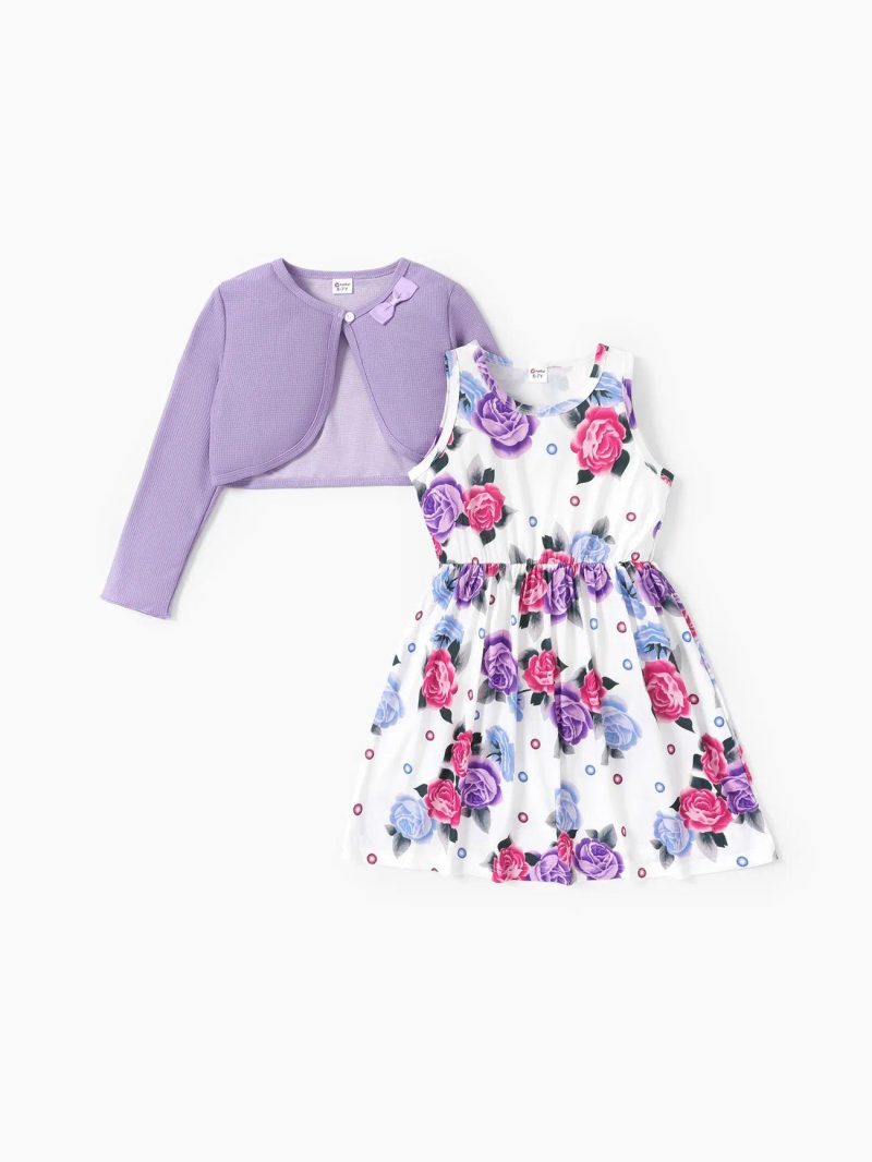 Dresses | Girls 2pcs Floral Print Sleeveless Dress and Long-sleeve Purple Bowknot Design Cardigan Set Purple