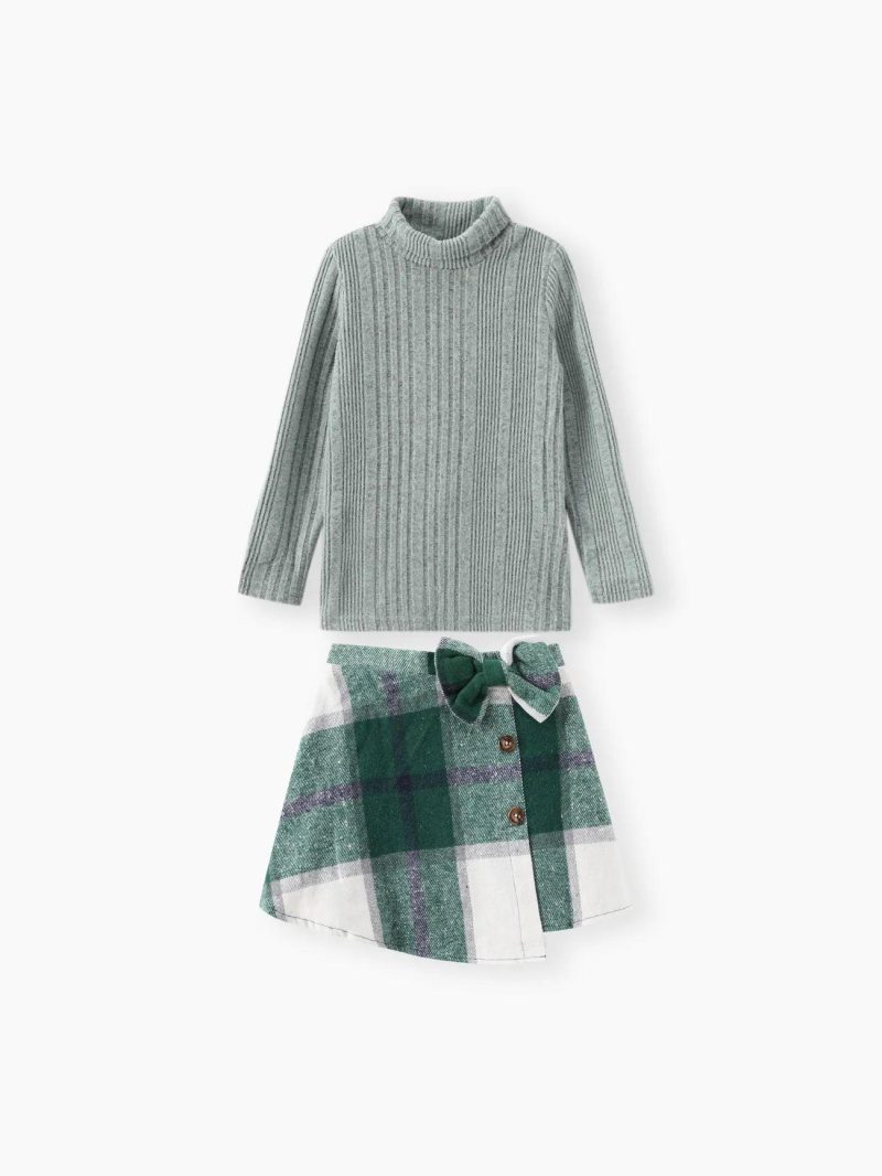 Dresses | Girls 2pcs Long-sleeve Sweater and Bow Decor Plaid Skirt Set  Green