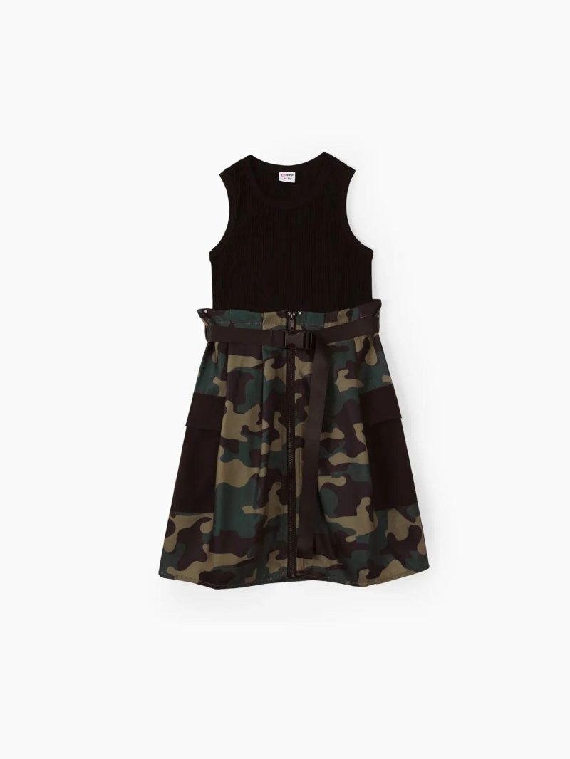 Dresses | Girls 2pcs Tank Top and Camouflage Print Skirts Set Black