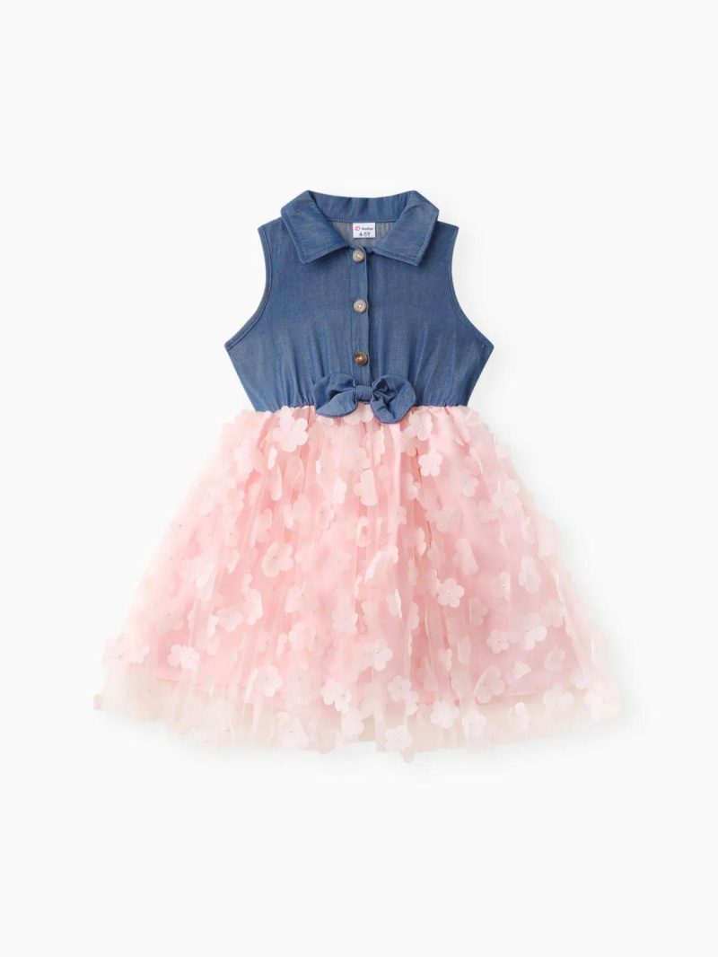 Dresses | Girls 3D Floral Design Denim Mesh Splice Sleeveless Dress Blue