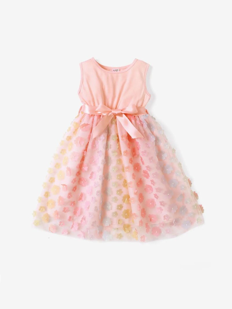 Dresses | Girls 3D Floral Design Mesh Splice Belted Sleeveless Fairy Dress Pink