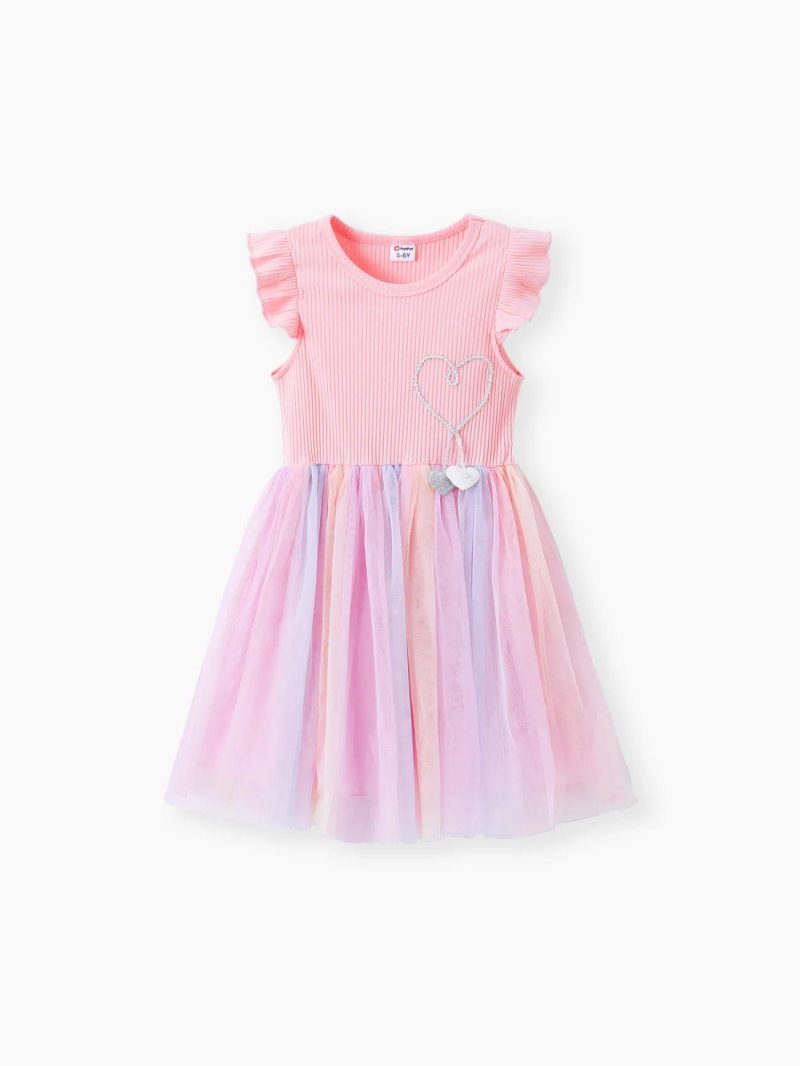 Dresses | Girls Beautiful Princess Fly Sleeve Heart Rainbow Mesh Fairy Dress Pink