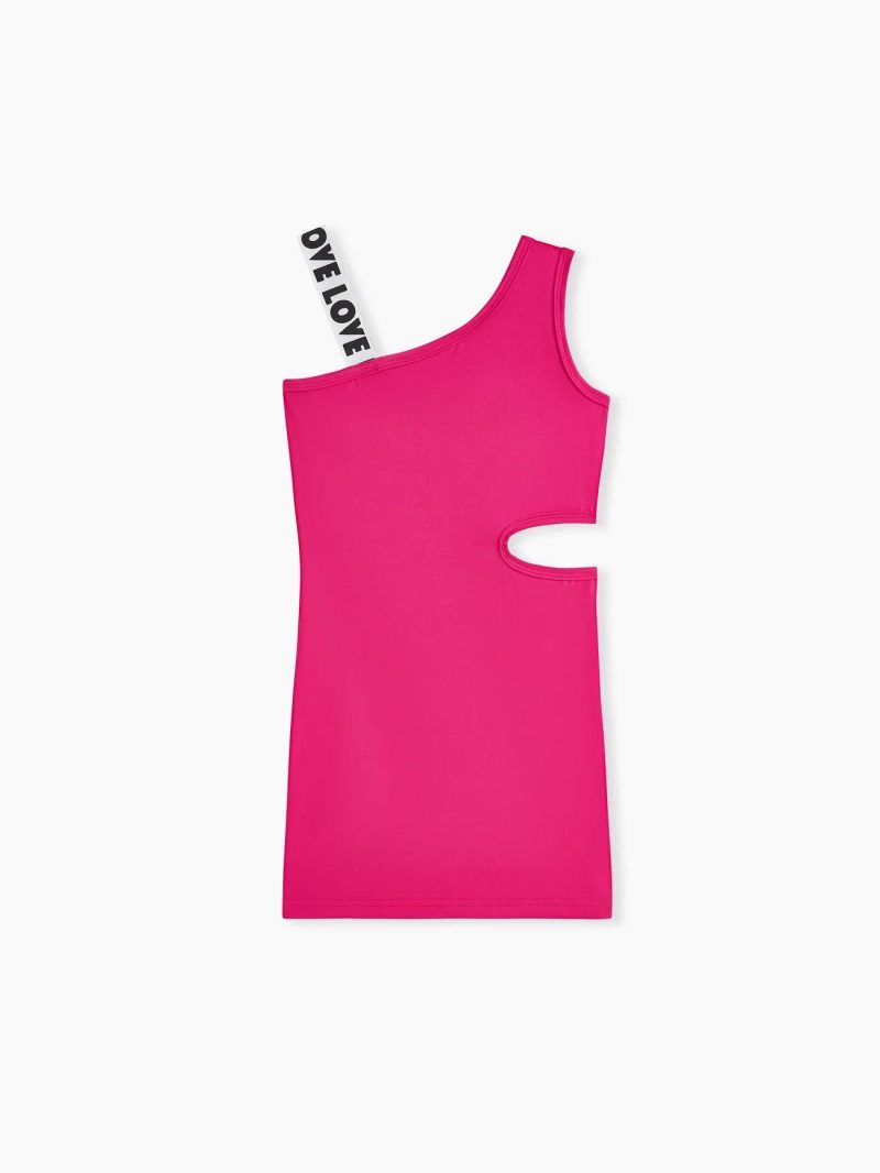 Dresses | Girls Cut Out Detail Letter Tape One-Shoulder Slip Dress Hot Pink|Orange