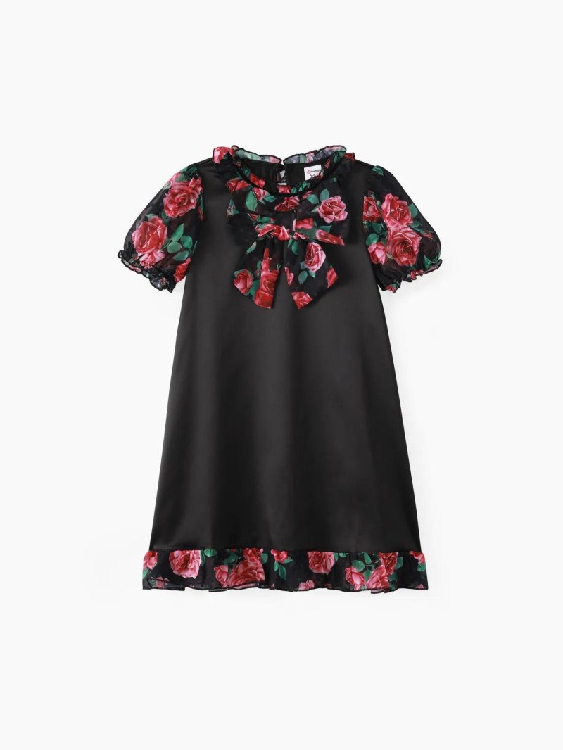 Dresses | Girls Floral Print Bowknot Dress Black