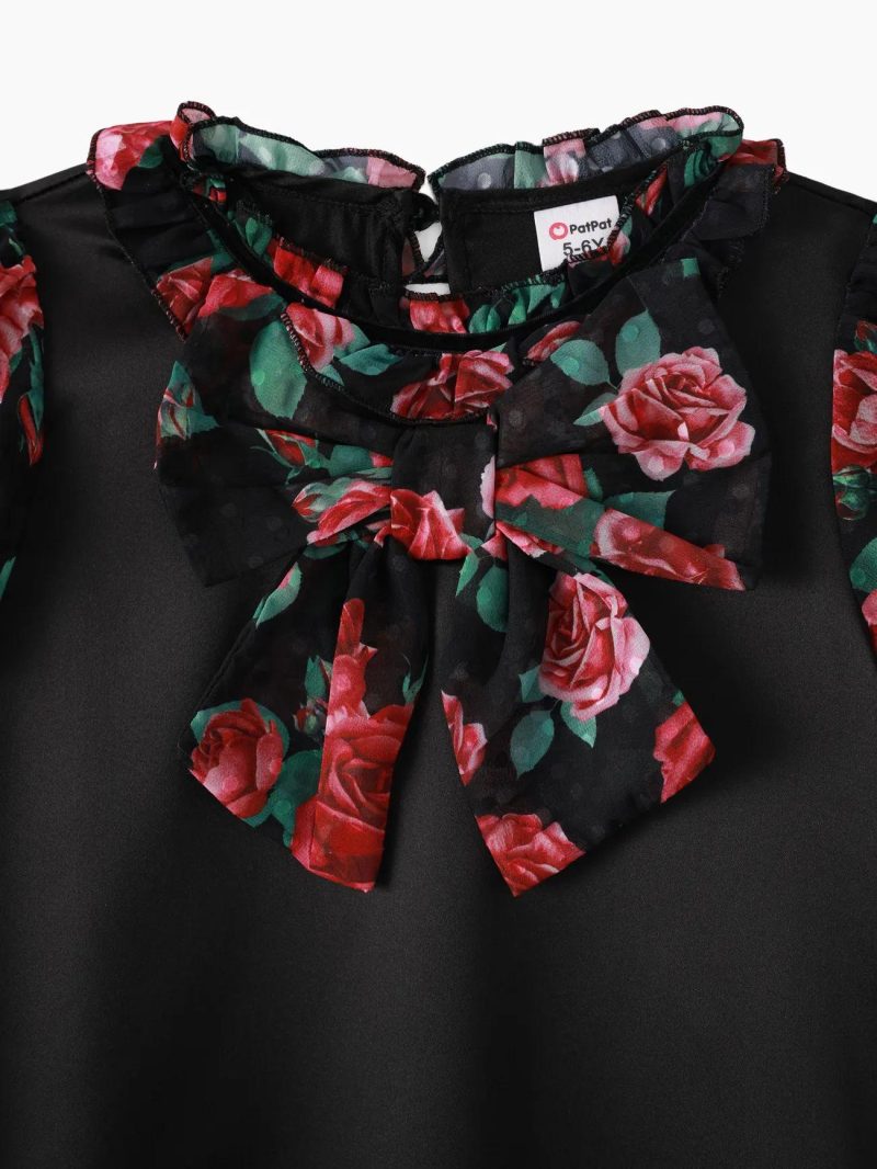 Dresses | Girls Floral Print Bowknot Dress Black