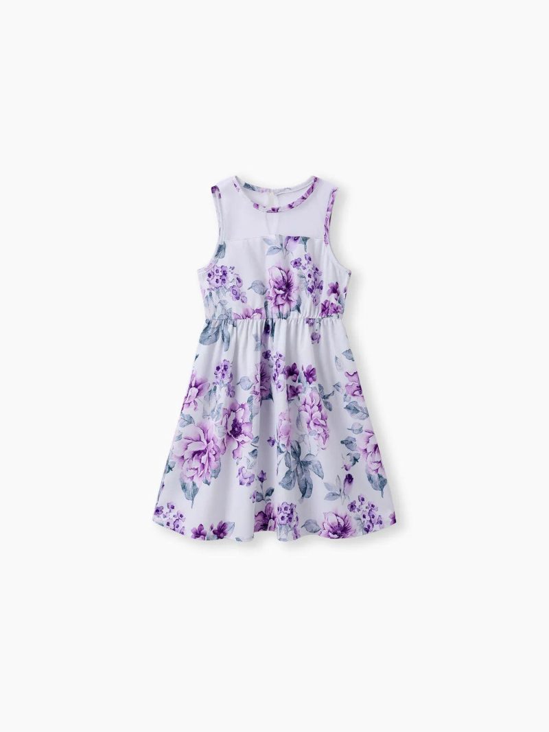 Dresses | Girls Floral Print Mesh Design Sleeveless Dress Purple